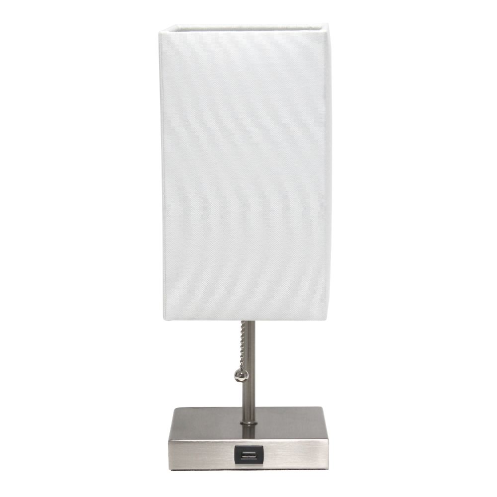 All The Rages LT1087-WHT Simple Designs Petite Stick Lamp with USB Charging Port and Fabric Shade in White / Brushed Nickel Base