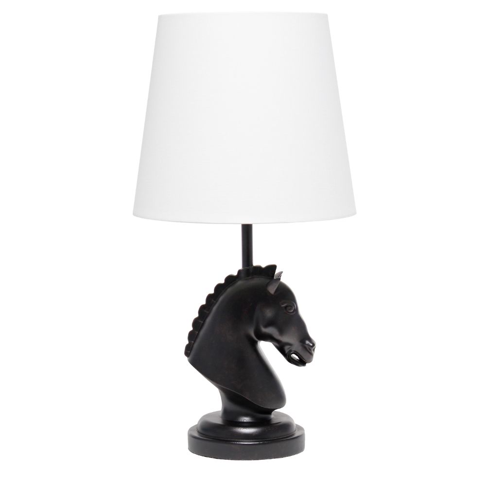 All The Rages LT1089-BLK 17.25" Tall Polyresin Decorative Chess Horse Shaped Bedside Table Desk Lamp in Blackwith White Tapered Fabric Shade