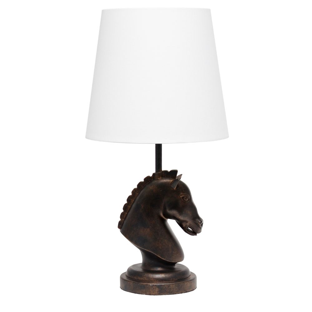 All The Rages LT1089-DBZ 17.25" Tall Polyresin Decorative Chess Horse Shaped Bedside Table Desk Lamp in Dark Bronze with White Tapered Fabric Shade