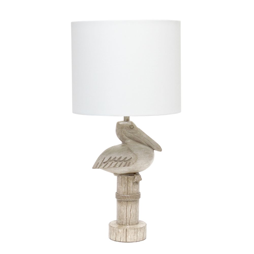 All The Rages LT1091-PEL Shoreside 17.25" Tall Coastal Sitting Pelican Beige Wash Polyresin Bedside Table Desk Lamp with White Fabric Drum Shade