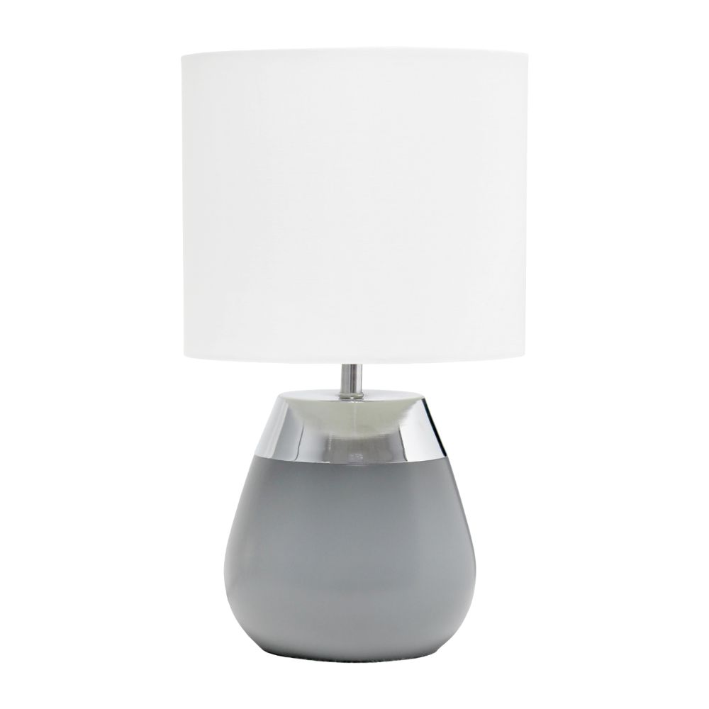 All The Rages LT1106-GRY 14" Tall Modern Contemporary Two Toned Metallic Chrome and Gray Metal Bedside 4 Settings Touch Table Desk Lamp with White Fabric Drum Shade