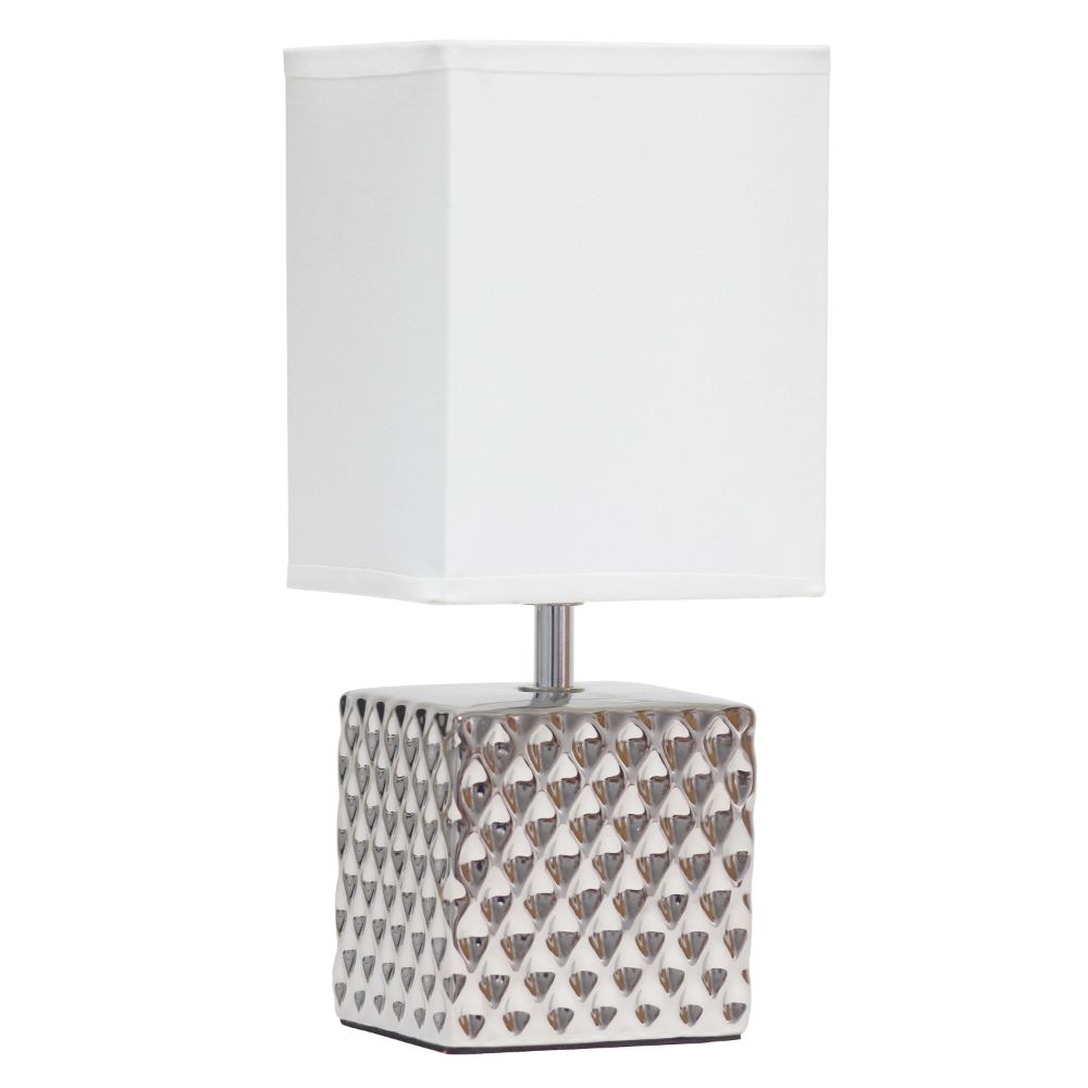 All The Rages LT1131-CHR Simple Designs 11.81" Tall Contemporary Petite Hammered Metallic Chrome Square Bedside Table Desk Lamp with Rectangular White Fabric Shade 