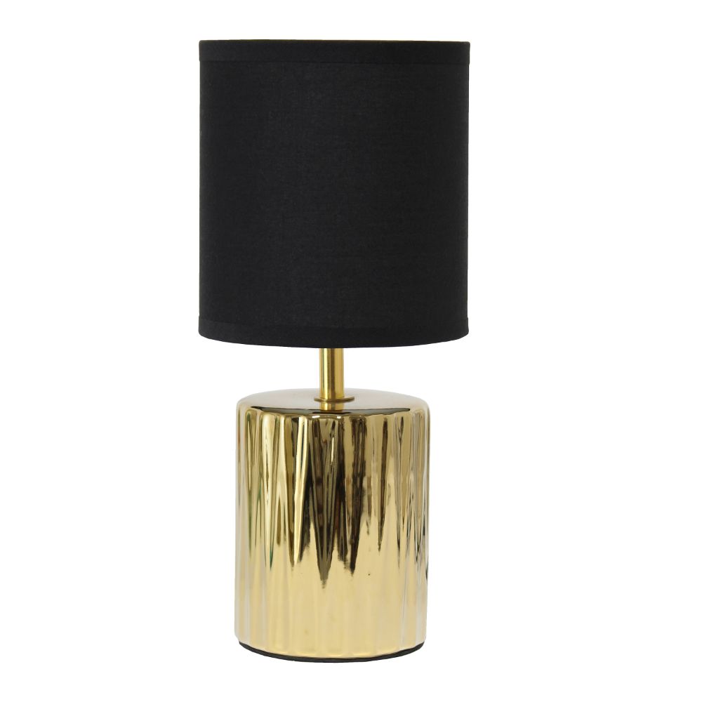 All The Rages LT1132-GLD Simple Designs 11.61" Tall Contemporary Ruffled Metallic Gold Capsule Bedside Table Desk Lamp with Black Drum Fabric Shade 