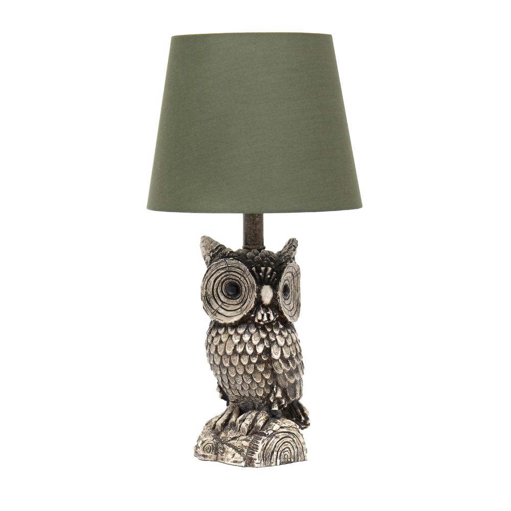 All The Rages LT2098-GRN Woodland 19.85" Tall Contemporary Polyresin Gazing Brown and White Night Owl Novelty Bedside Table Desk Lamp with Green Tapered Drum Fabric Shade