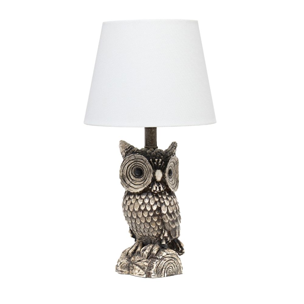 All The Rages LT2098-WHT Woodland 19.85" Tall Contemporary Polyresin Gazing Brown and White Night Owl Novelty Bedside Table Desk Lamp with White Tapered Drum Fabric Shade