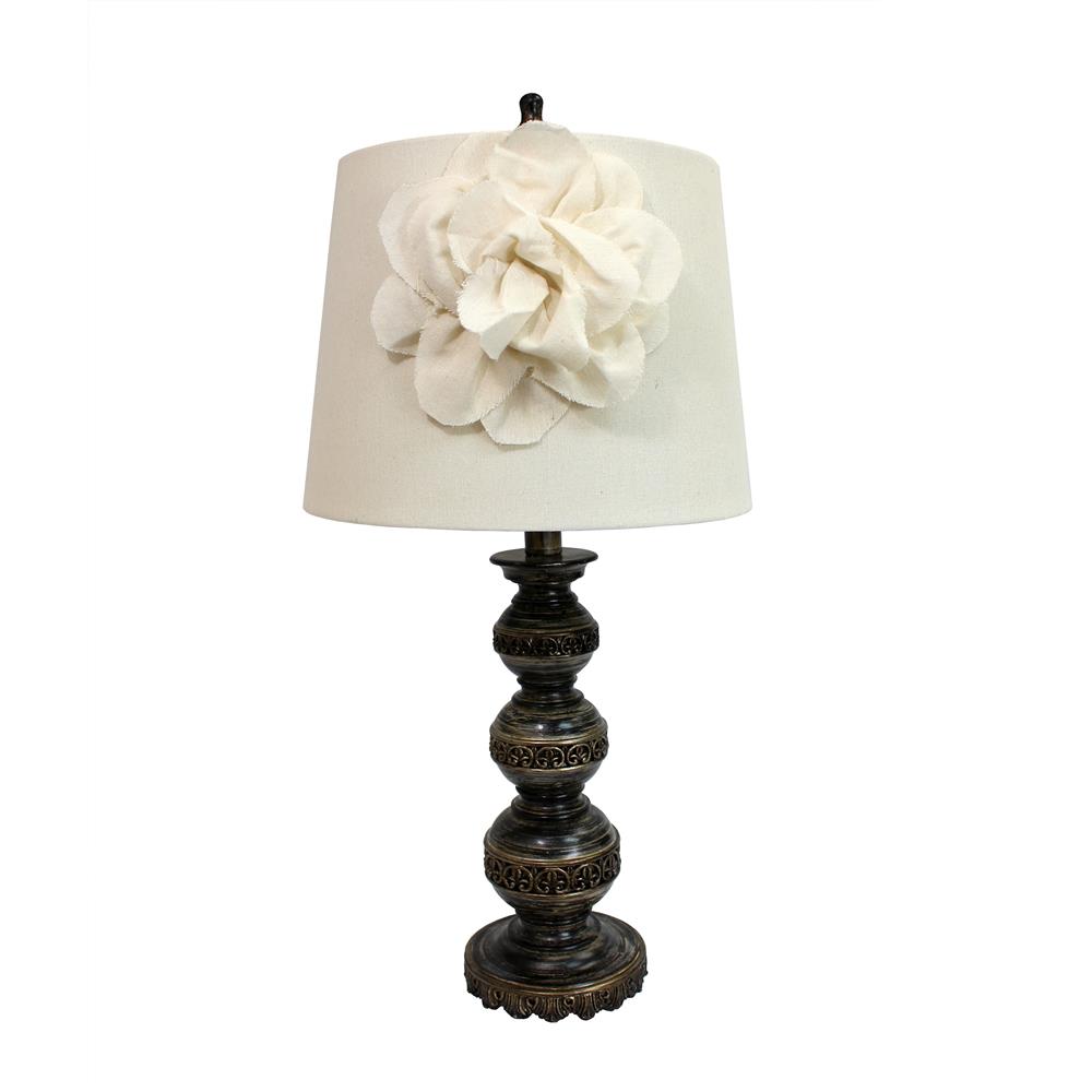  All The Rages LT3097-WHT Elegant Designs Aged Bronze Stacked Ball Lamp with Couture Linen Flower Shade