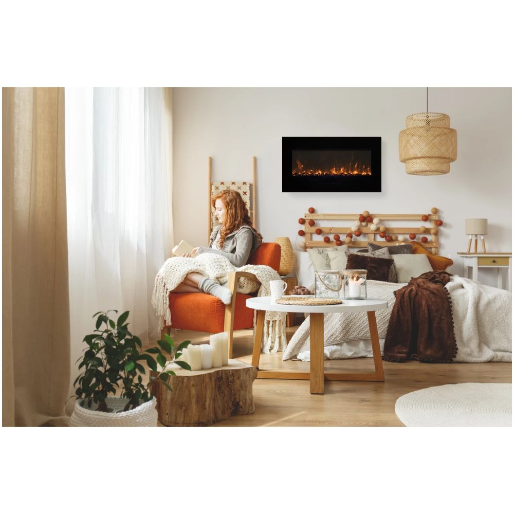 Amantii WM-FM-50-BG-3 Smart 50" Flush Mount fireplace with Black Glass Surround, Log set
