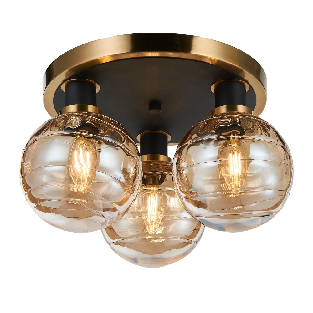 Artcraft AC11873AM Gem Collection 3-Light Semi-Flush Mount with Amber Glass Black and Brushed Brass