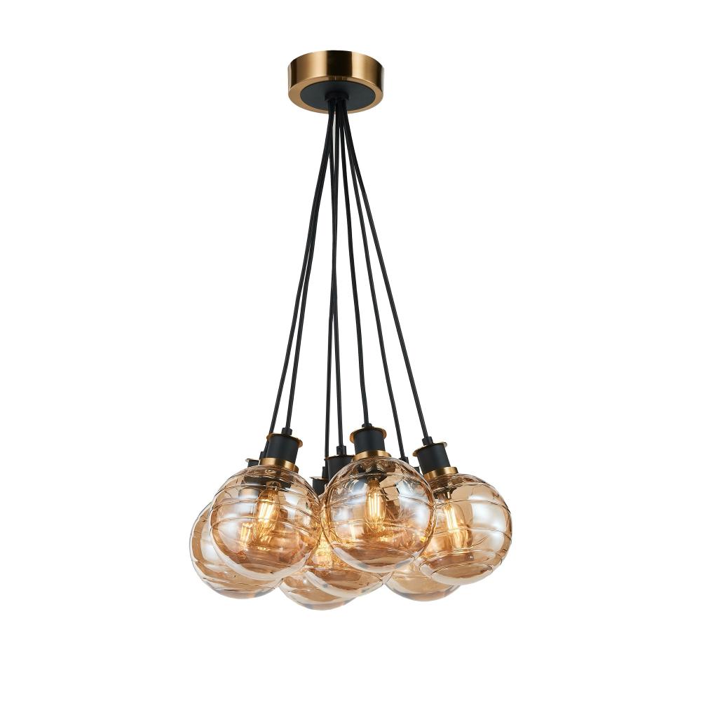 Artcraft AC11877AM Gem Collection 7-Light Pendant with Amber Glass Black and Brushed Brass