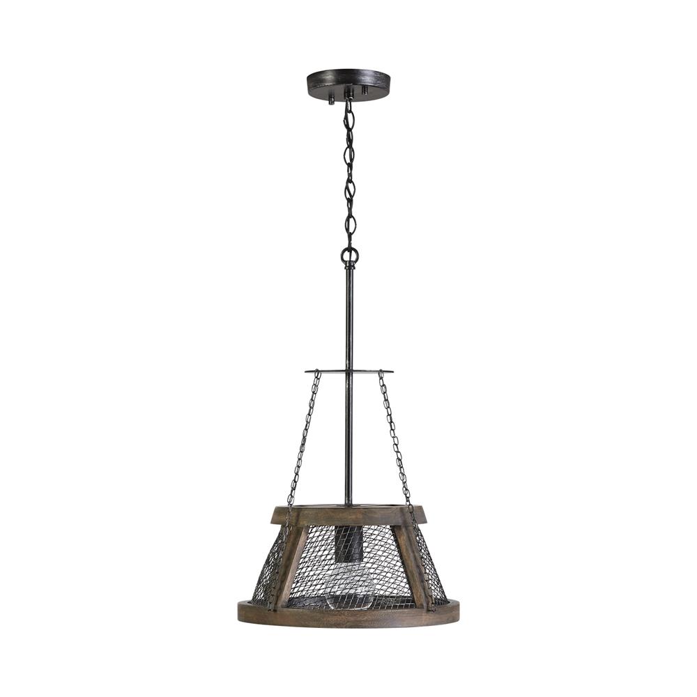 Aylan Home AAC322 Lagmore 1 Light Industrial Pendant with Wood and Metal Mesh in Zinc And Wood