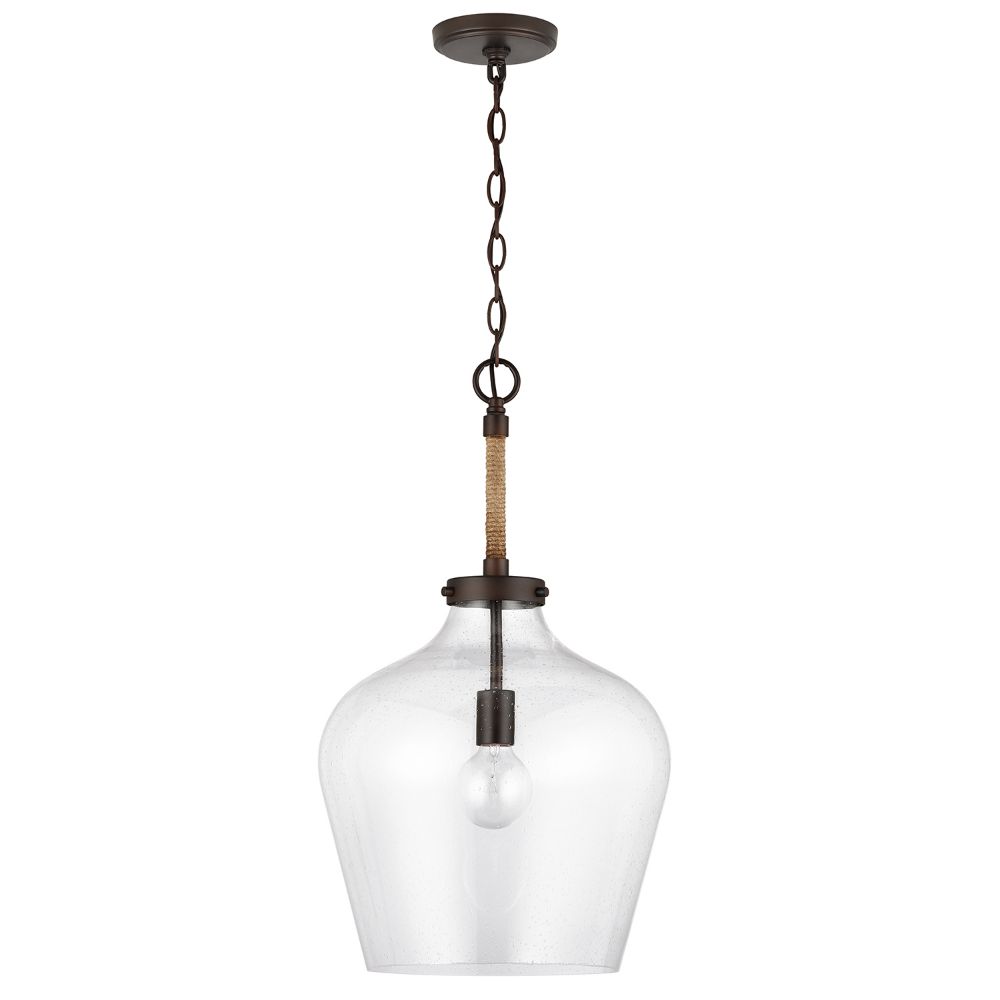 Aylan Home AAC370A 14" 1-Light Clear Seeded Glass Tapered Urn Pendant with Natural Jute Rope Accent in Bronze