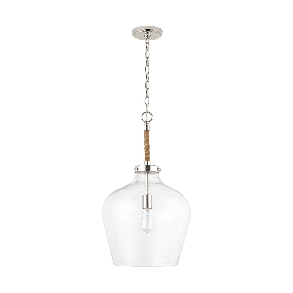 Aylan Home AAC371A 14" 1-Light Clear Seeded Glass Tapered Urn Pendant with Natural Jute Rope Accent in Nickel