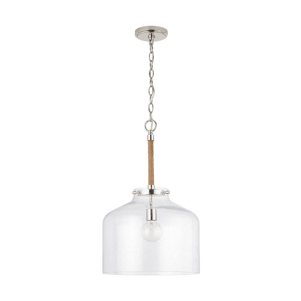 Aylan Home AAC373A 14" 1-Light Clear Seeded Glass Wide Cloche Pendant with Natural Jute Rope Accent in Nickel