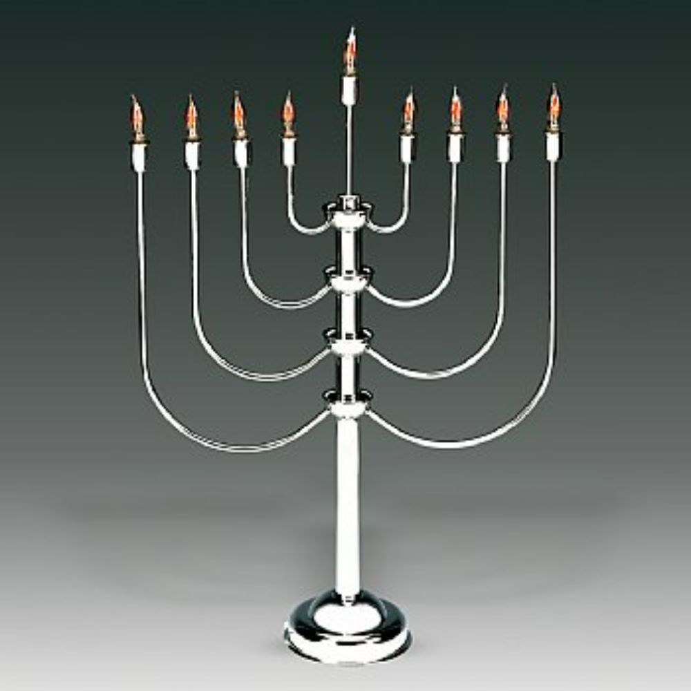 Highly Polished Chrome Plated 27"H Electric Menorah With Flickering Bulbs To Simulate Real Candles
