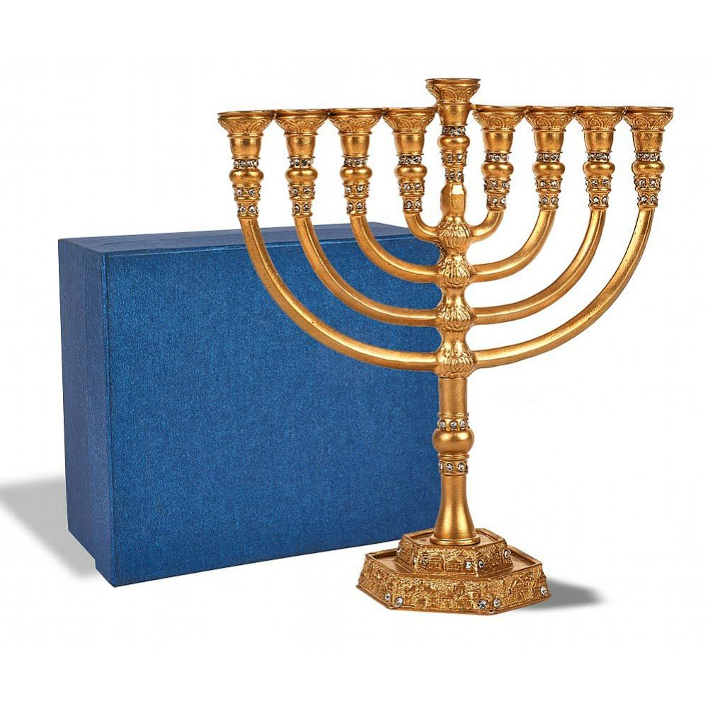 Intricately Detailed Jeweled Temple Menorah - Satin Gold