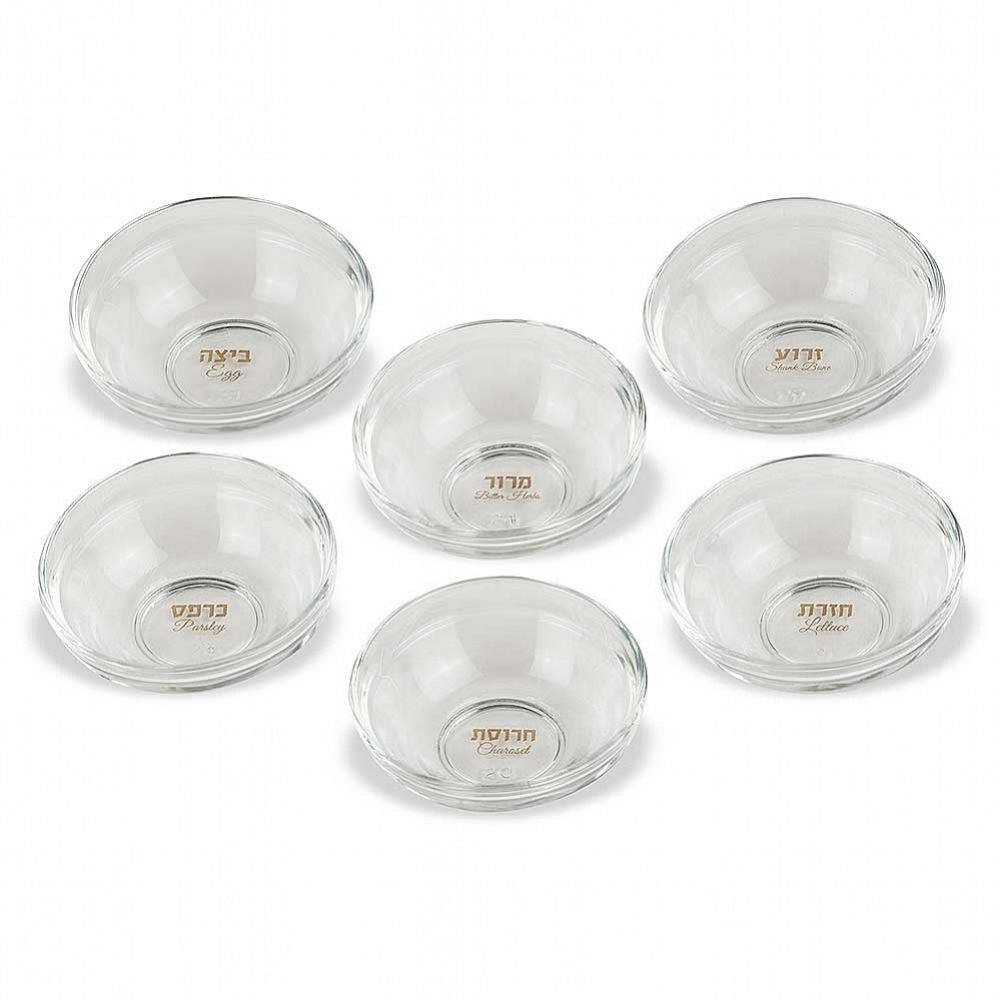 Seder Plate Glass Dishes for Passover Symbols - Set of 6 with Gold Print