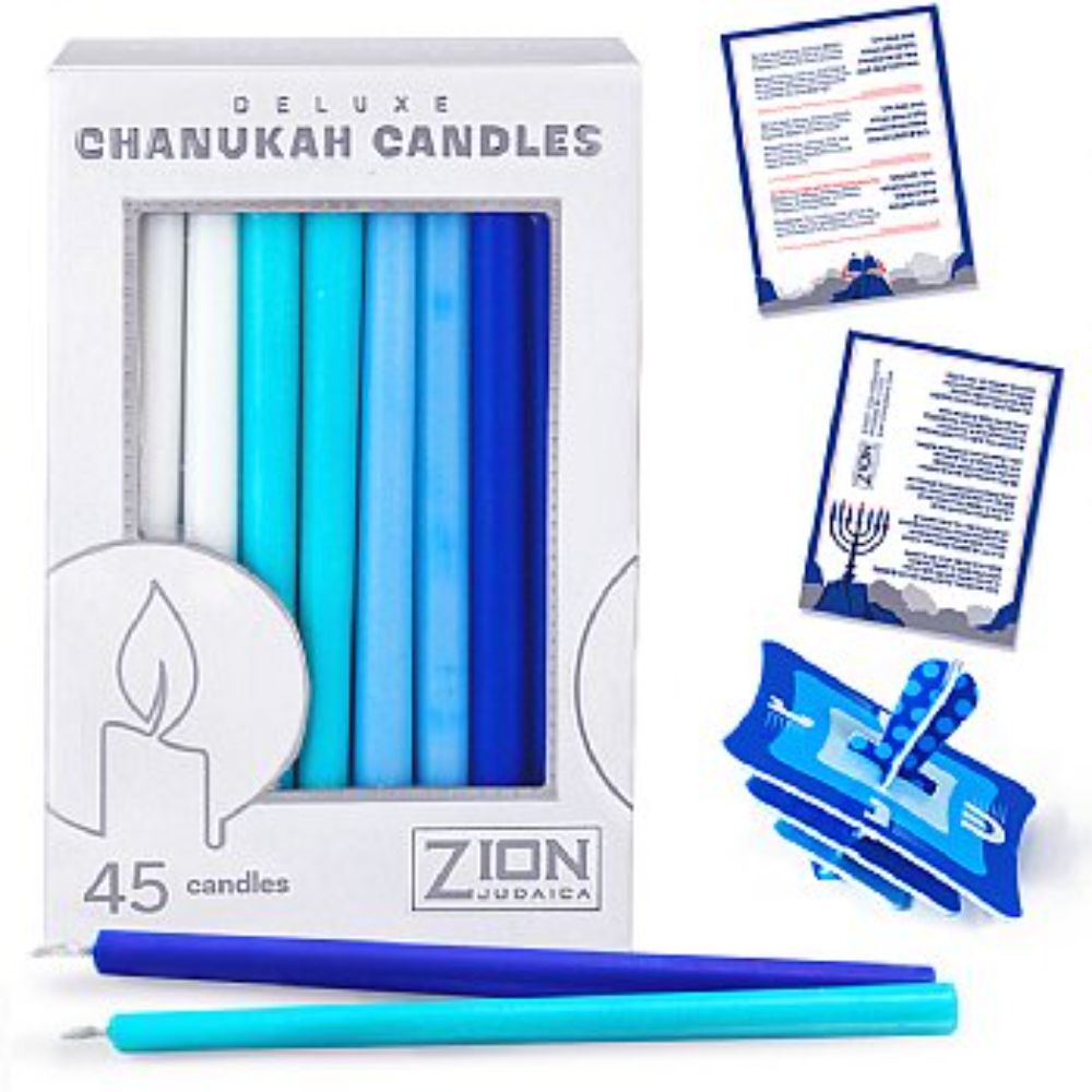 Deluxe Tapered Long Chanukah Candles - Multi-Blue/White