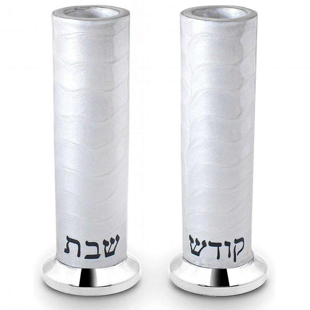 Decorated Aluminum Cylinder Sabbat Candlestick Set - White Marble Decal