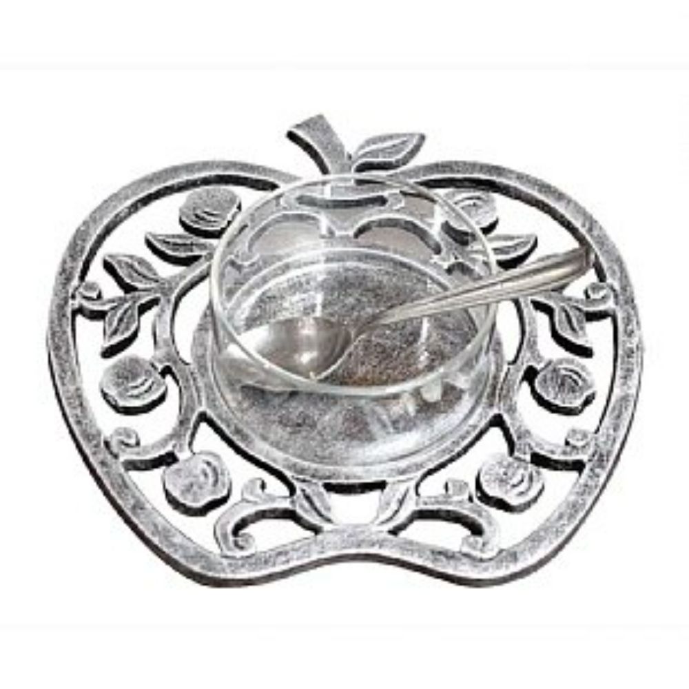 Antique Silver and Glass 4 Piece Honey Dish - Apples