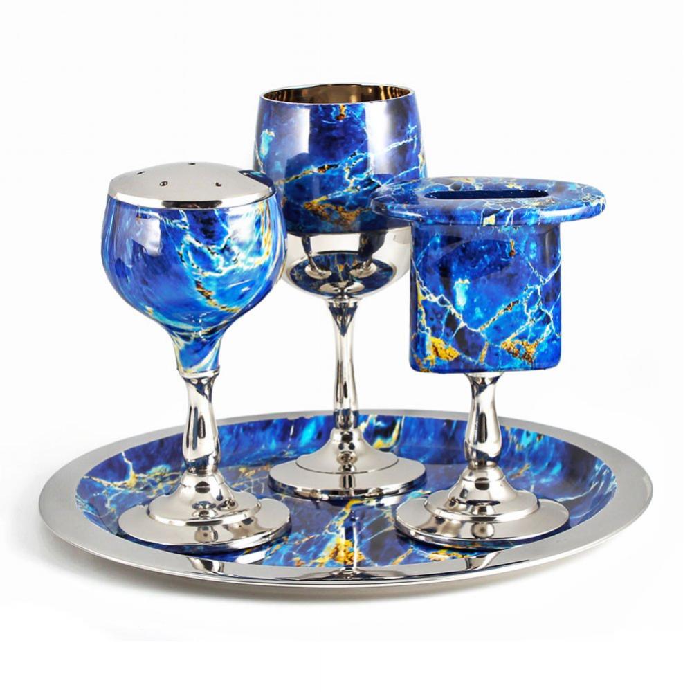 4 Piece Nickel Plate Havdallah Set with Marble Blue Décor