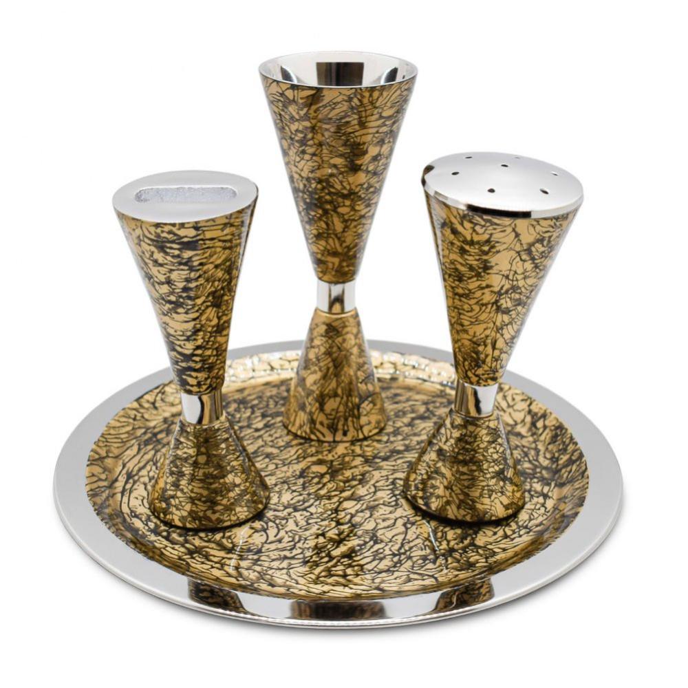 4 Piece Nickel Plate Havdallah Set with Decal Décor - Gold