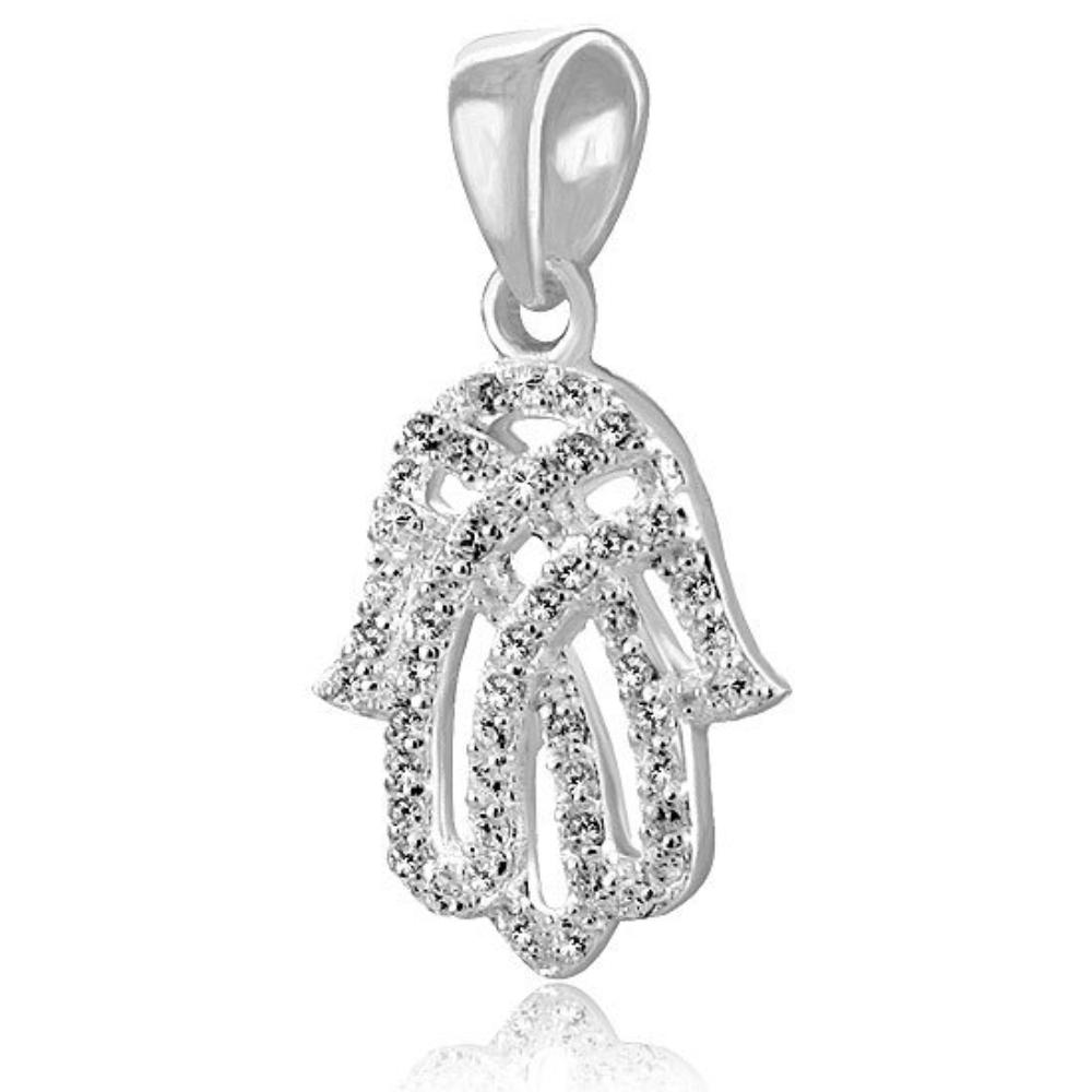 Sterling Silver Hamsa Pendant with Clear CZ