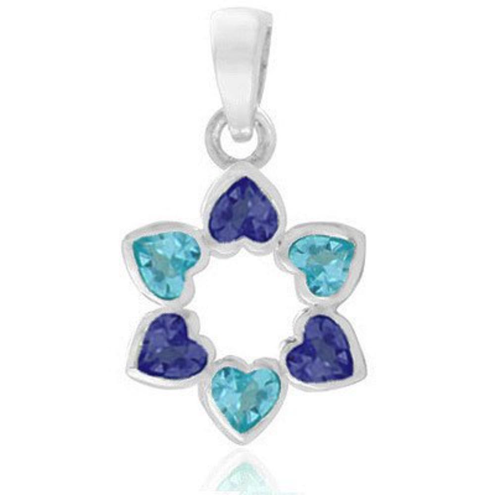 Sterling Silver Star of David Pendant - Heart Shapes Blue