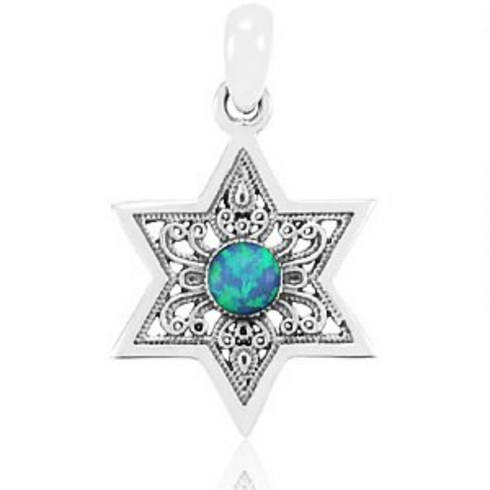 Sterling Silver Star of David Pendant - Filigree with Opal