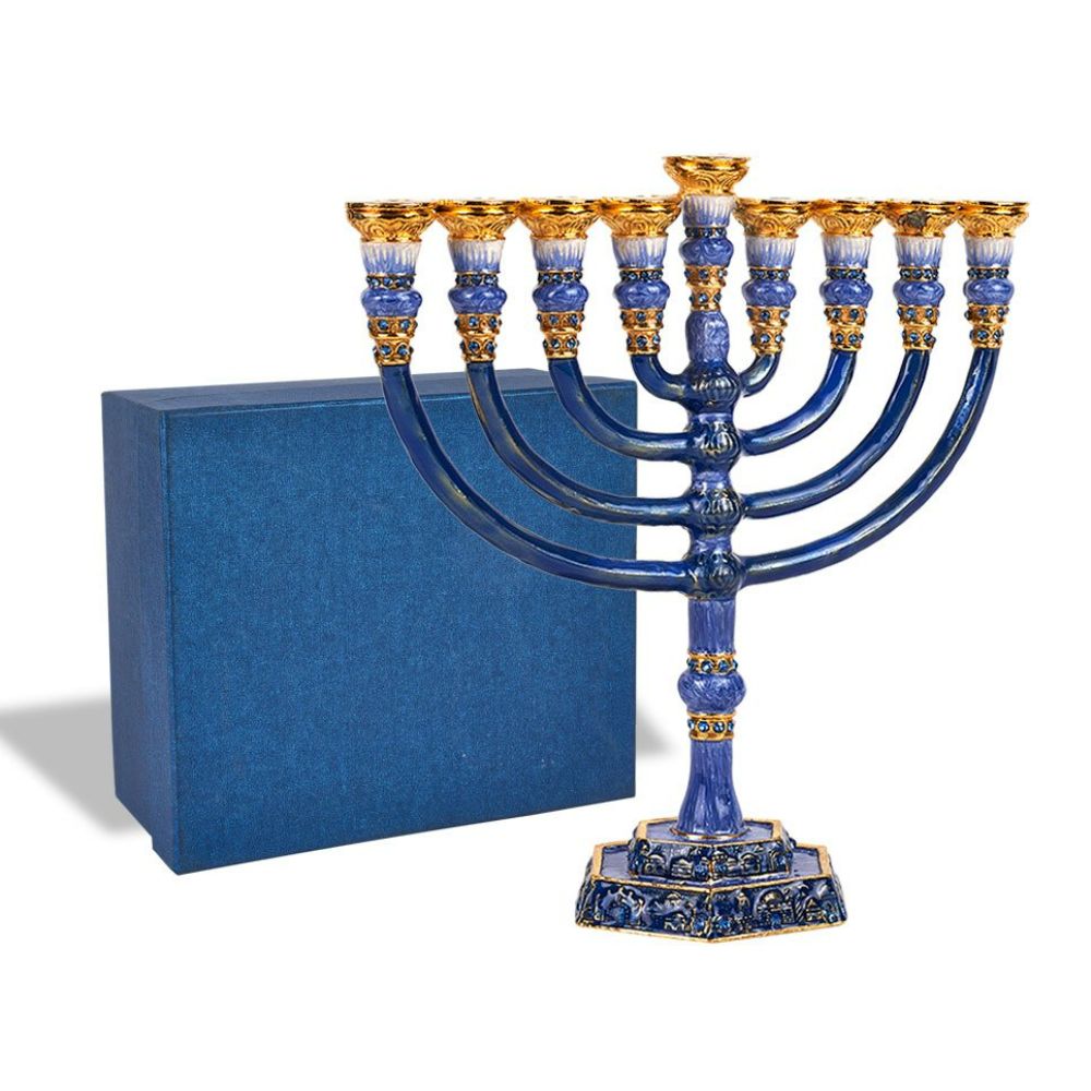 Intricately Detailed Jeweled Temple Menorah - Blue