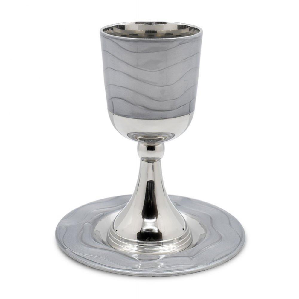 Nickel Plated Kiddush Cup with Enamel and Tray - Silver