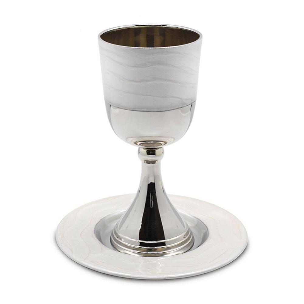 Nickel Plated Kiddush Cup with Enamel and Tray - White