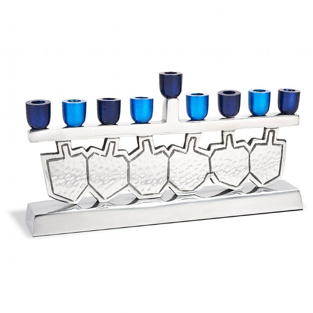 Dancing Dreidels Menorah with Multi-Blue Anodized Cups