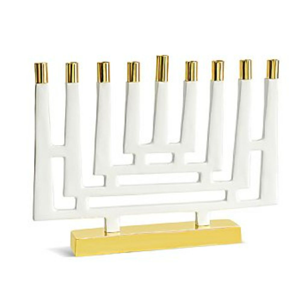 Maze Menorah - White Enamel with Shiny Brass