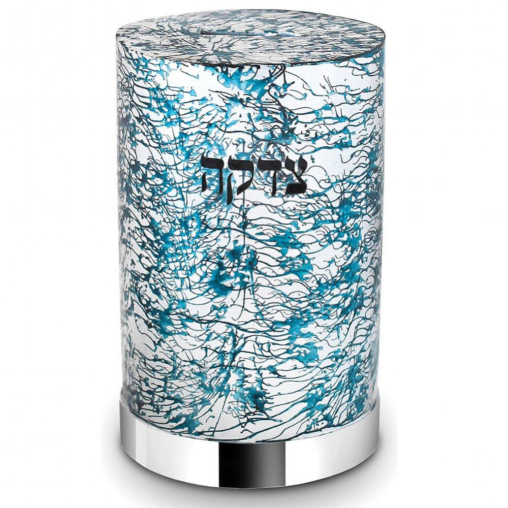 Stainless Steel Tzedakah Box with Decal - Blue Abstract