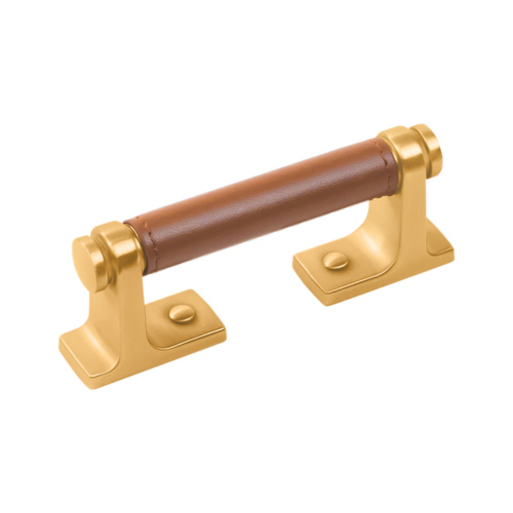 Belwith Keeler B077978LRBGB Reserve Pull 3" Center to Center in Brown Leather & Brushed Golden Brass