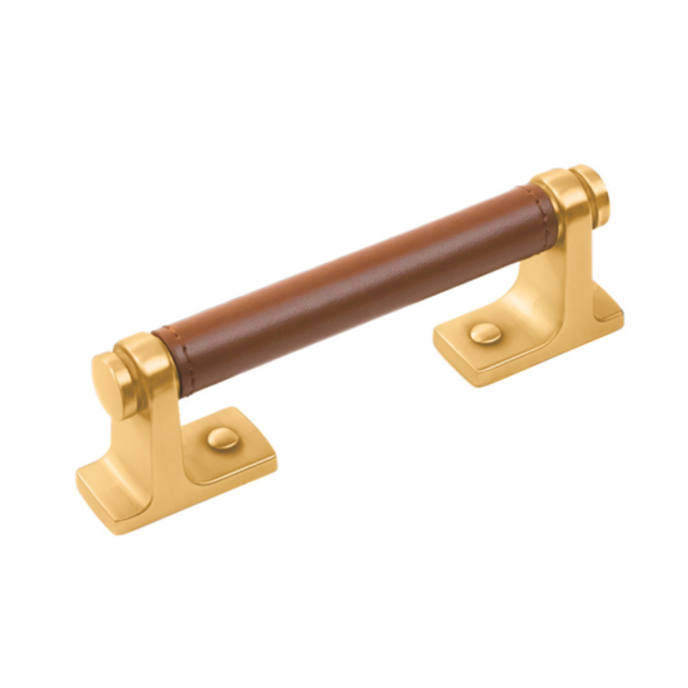 Belwith Keeler B077979LRBGB Reserve Pull 96mm Center to Center in Brown Leather & Brushed Golden Brass