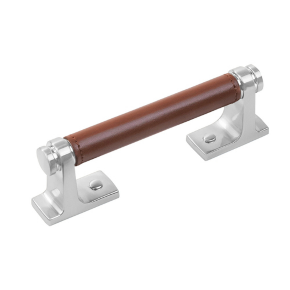 Belwith Keeler B077979LRSN Reserve Pull 96mm Center to Center in Brown Leather & Satin Nickel