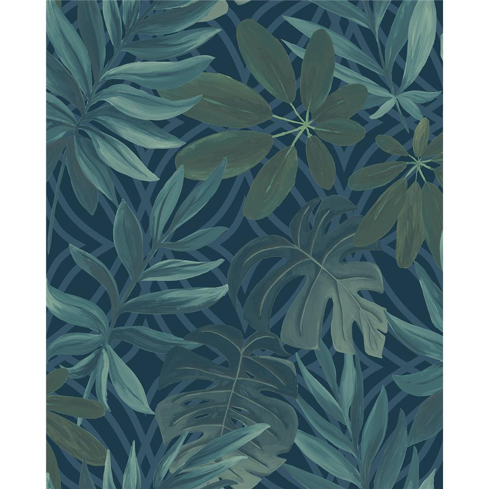 A-Street Prints by Brewster 2763-24201 Nocturnum Blue Leaf Wallpaper