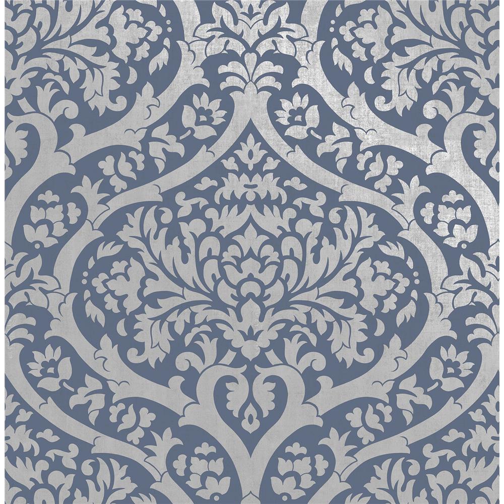 Fine Décor by Brewster 2900-42531 Sandringham Blue Damask Wallpaper