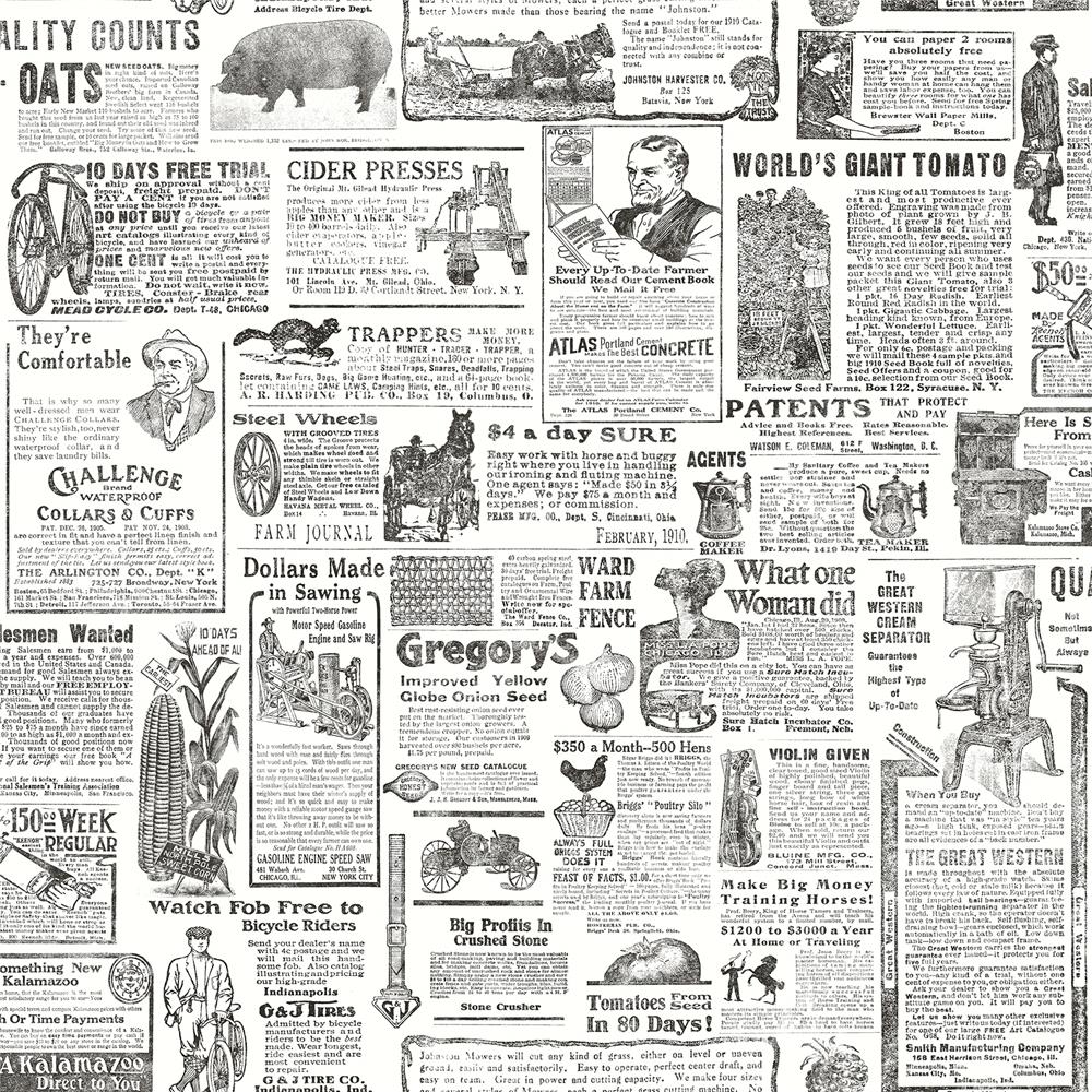 Brewster 2904-13081 Underwood Black Newspaper Wallpaper