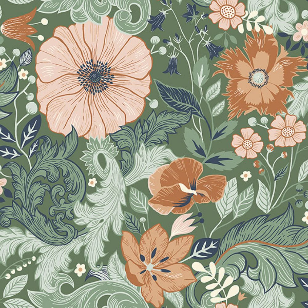 A-Street Prints by Brewster 2999-13109 Victoria Green Floral Nouveau Wallpaper