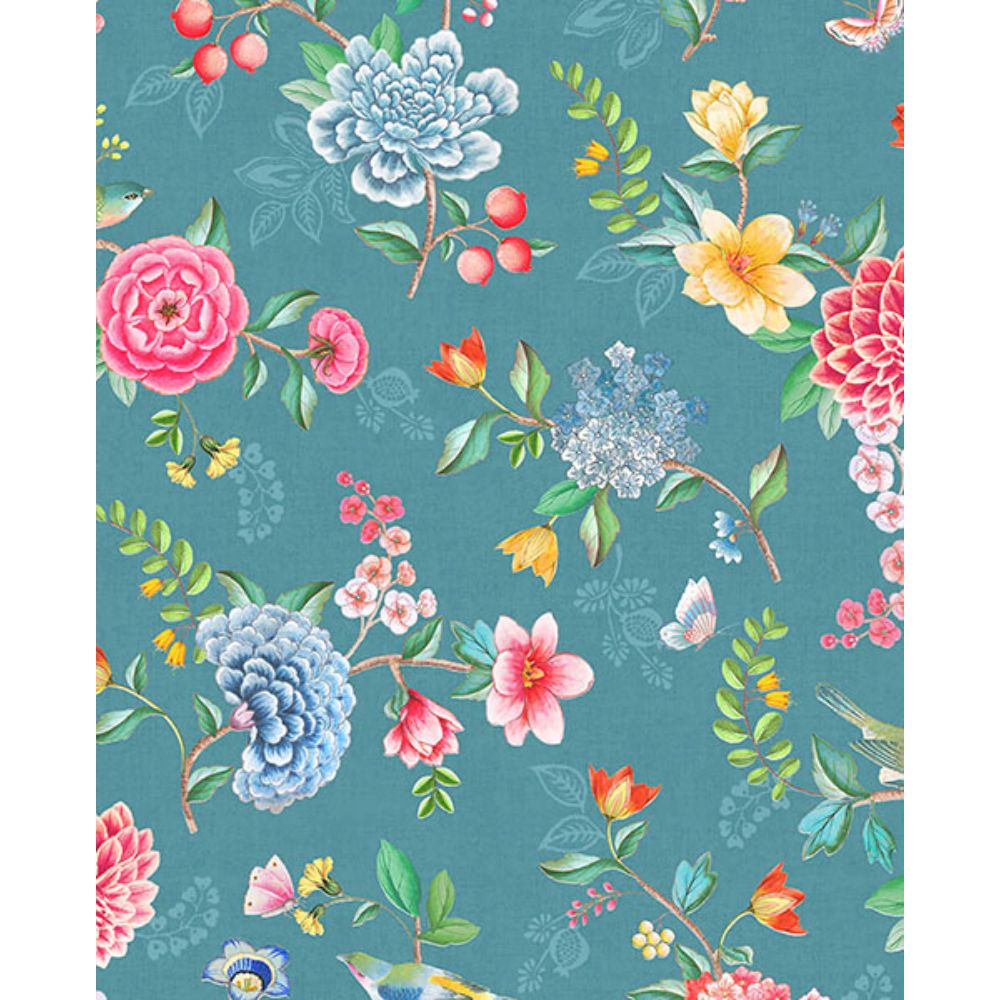 300105 - Eijffinger by Brewster 300105 Good Evening Teal Floral Garden  Wallpaper - GoingDecor