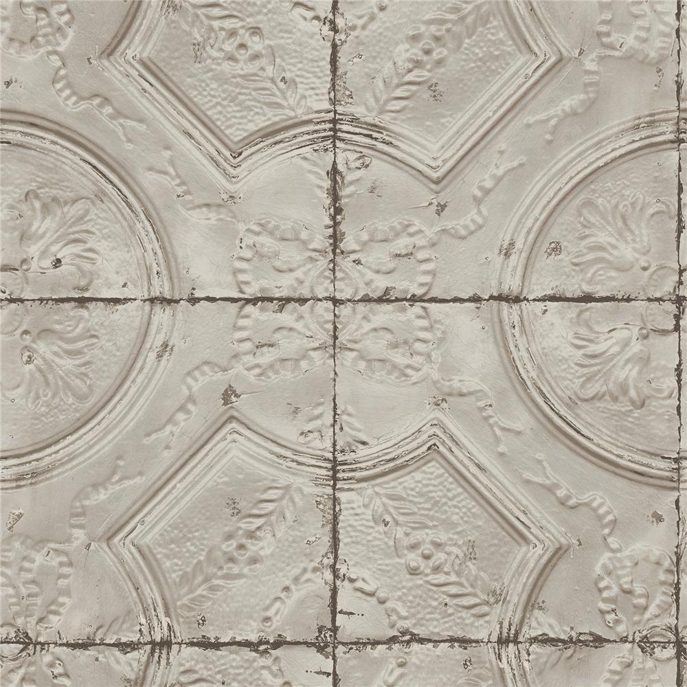 Chesapeake by Brewster 3115-12433 Farmhouse Deerfield Taupe Vintage Tin Tile Wallpaper