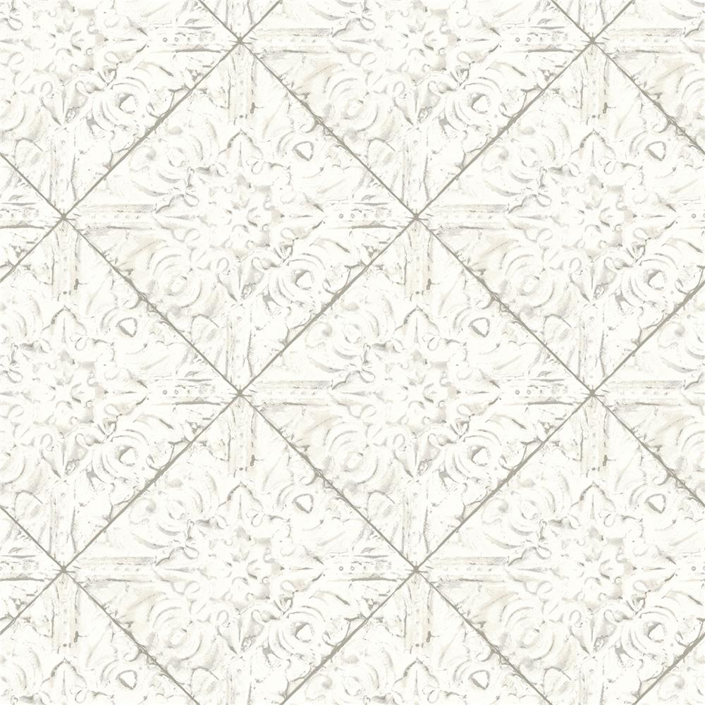 Chesapeake by Brewster 3119-13091 Brandi White Metallic Faux Tile Wallpaper