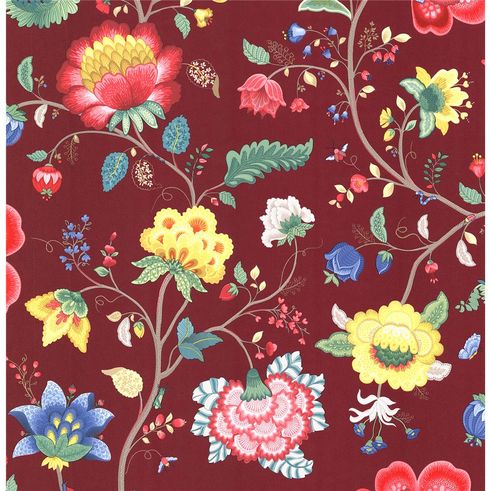 Eijffinger by Brewster 341033 Pip III Epona Burgundy Floral Fantasy Wallpaper in Burgundy
