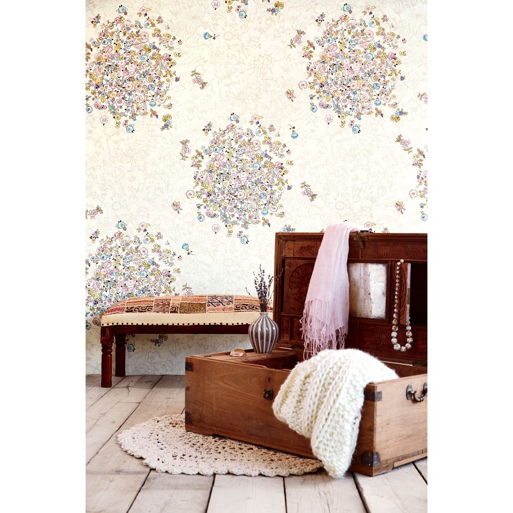Eijffinger by Brewster 341587 Raval Bouquets Cream Floral Polka Dot Wall Mural in Cream