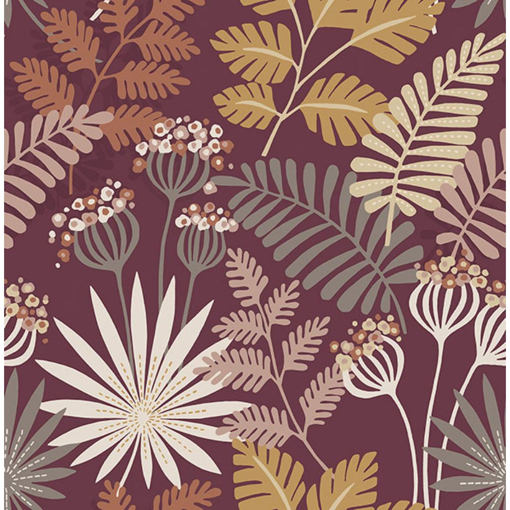 A-Street Prints by Brewster 4014-26449 Praslin Merlot Botanical Wallpaper