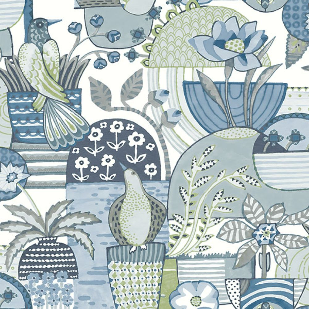 A-Street Prints by Brewster 4066-26555 Fika Blue Blissful Birds & Blooms Wallpaper