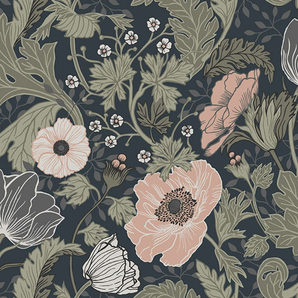 A-Street Prints by Brewster 4080-44103 Anemone Navy Floral Wallpaper