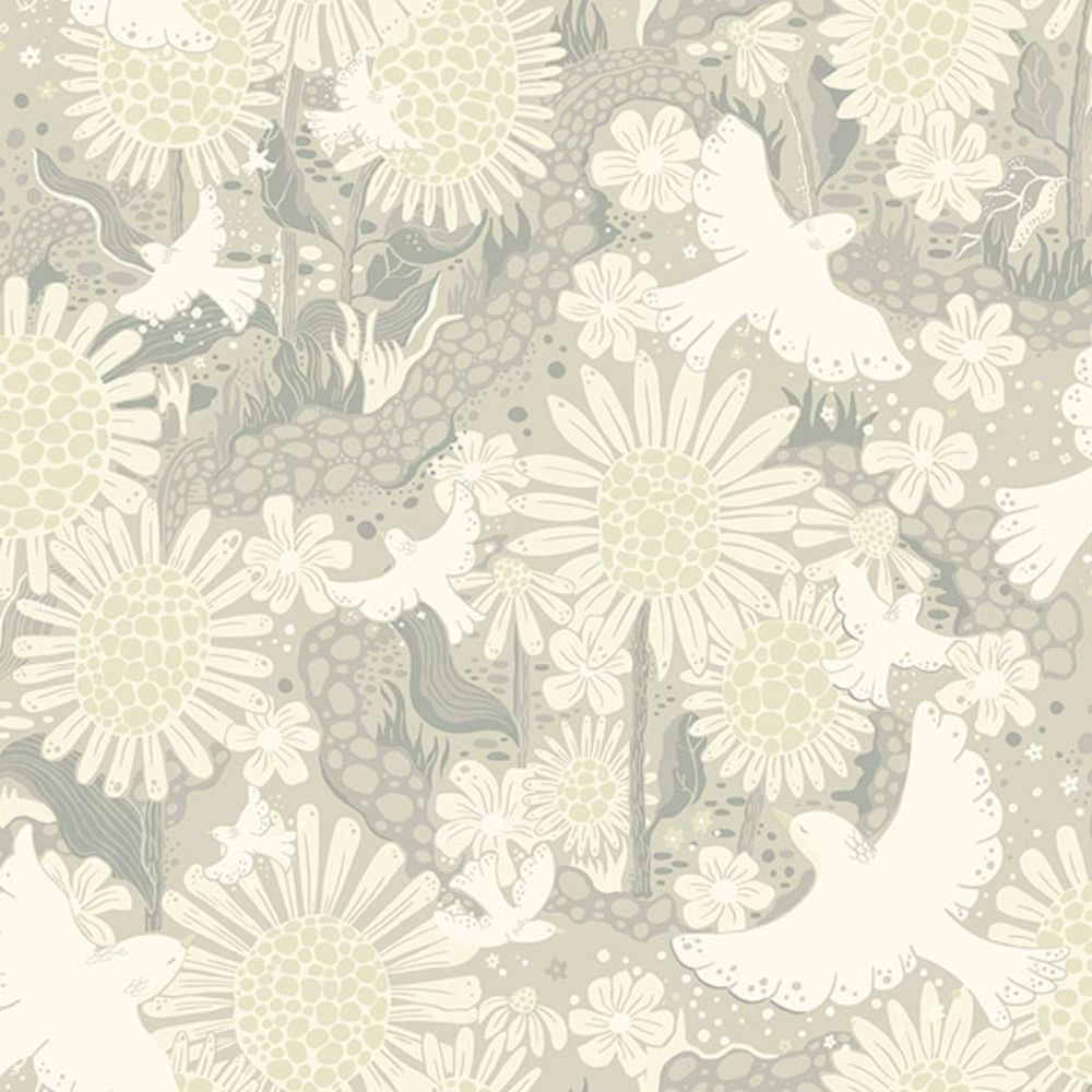 A-Street Prints by Brewster 4111-63011 Drömma Light Grey Songbirds and Sunflowers Wallpaper